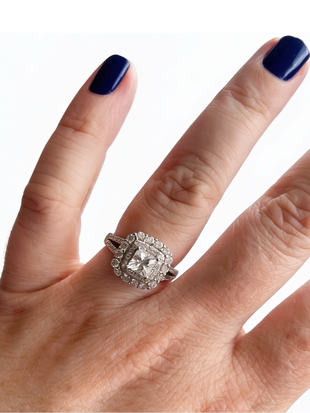 925 Sterling Silver square cut halo engagement ring, new in box!